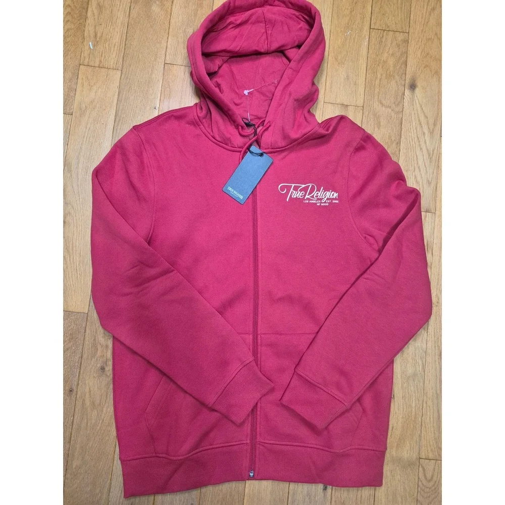 True Religion Mens Zip Up Hoodie Red Graphic Back Logo Sweatshirt Large New